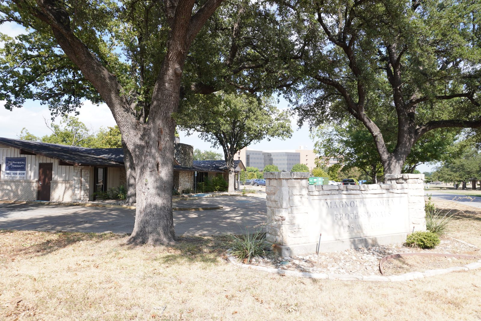 A large mature oak and a curved stone planter wall at the front of the building.